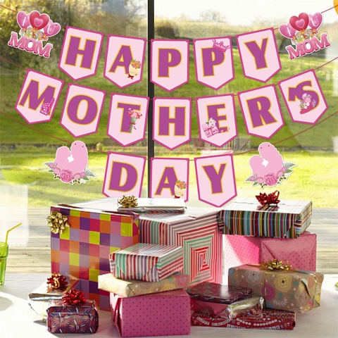 Happy Mother's Day Banner Papier Girlande Rosa Lila Herz Blume Hängen Party Home Wand Deko