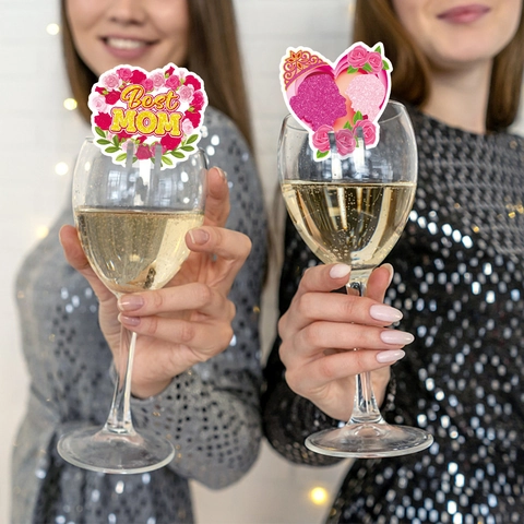Weinglas Deko Karten Muttertag Glitzer Papier Herz Blume Party Getränke Dekoration Best Mom Floral Tags