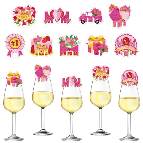 Weinglas Deko Karten Muttertag Glitzer Papier Herz Blume Party Getränke Dekoration Best Mom Floral Tags