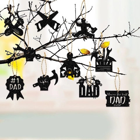 Father's Day Hanging Tags Black Glitter Paper Party Ornaments Tool Shapes For Dad Birthday Decoration Home DIY