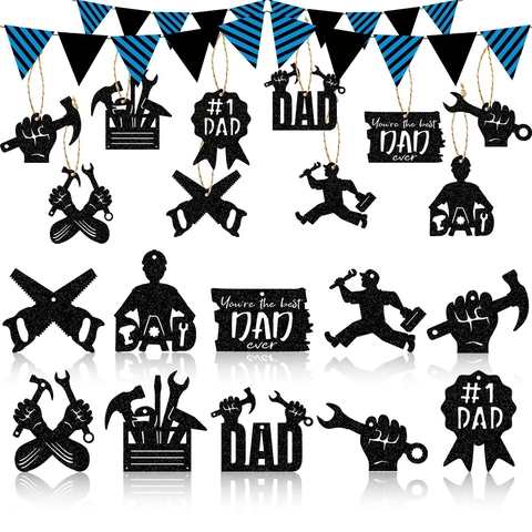 Father's Day Hanging Tags Black Glitter Paper Party Ornaments Tool Shapes For Dad Birthday Decoration Home DIY
