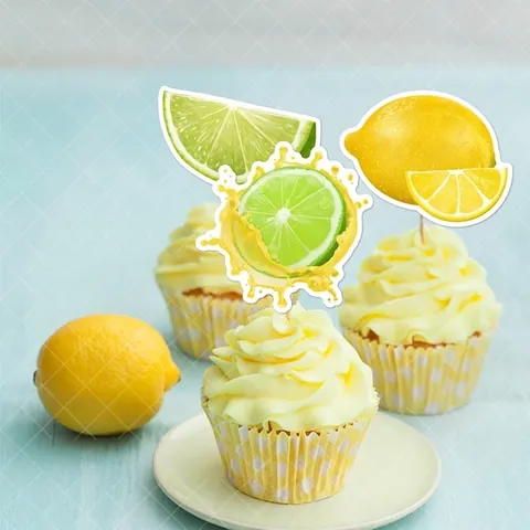 Lemon Theme Cake Toppers Paper Lime Fruit Party Picks Birthday Decorations Summer Tropical Dessert With Bamboo Sticks