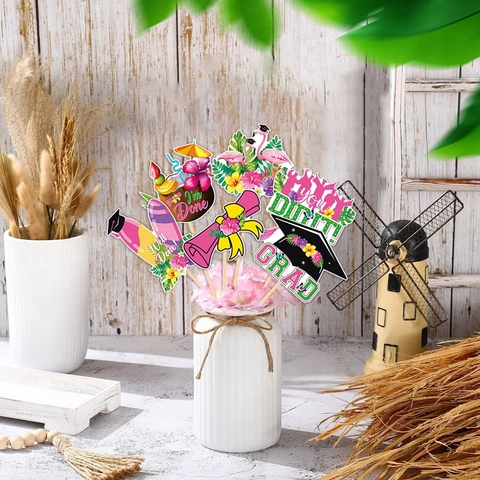 Hawaiian Graduation Vase Toppers Tropical Flamingo Pineapple Graduation Party Table Centerpiece Grad Cap Photo Props