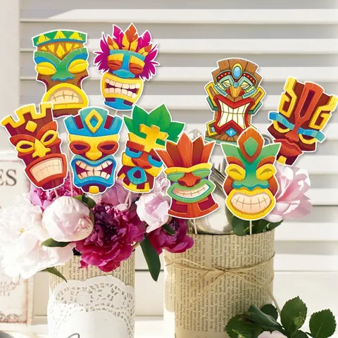 Inserti Per Vaso Maschera Tiki Hawaiiana Carte Di Carta Tribale Polinesiana Colorata Bastoncini Di Legno Per Decorazione Tavola Luau