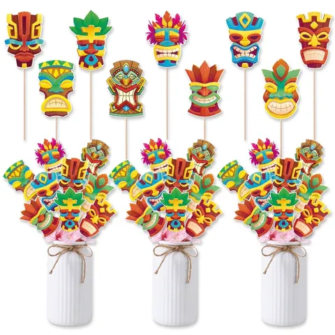 Inserti Per Vaso Maschera Tiki Hawaiiana Carte Di Carta Tribale Polinesiana Colorata Bastoncini Di Legno Per Decorazione Tavola Luau