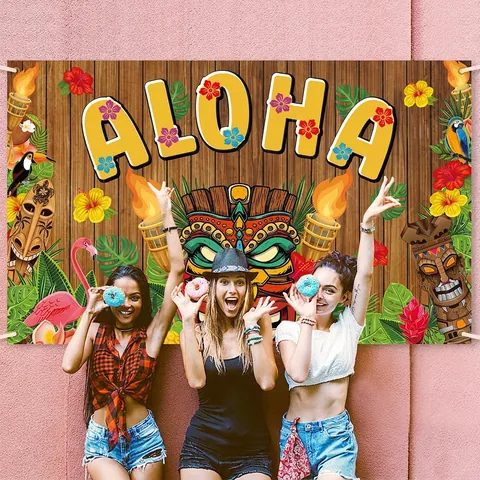 Τροπικό Aloha Χαβανέζικο Πάρτι Φόντο Πανό Tiki Luau Φλαμίνγκο Ξύλινη Διακόσμηση Από Πολυεστέρα Τοίχου
