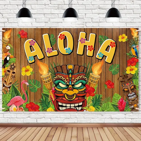 Τροπικό Aloha Χαβανέζικο Πάρτι Φόντο Πανό Tiki Luau Φλαμίνγκο Ξύλινη Διακόσμηση Από Πολυεστέρα Τοίχου