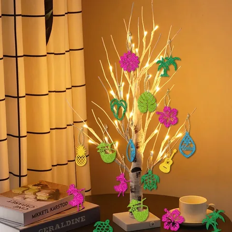 Hawaii Party Deko Anhänger Glitzer Karton Tropisch Ananas Palme Ornamente Aloha Thema Sommer