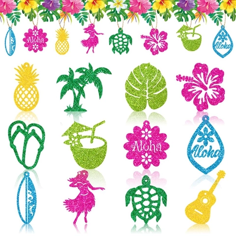 Hawaii Party Deko Anhänger Glitzer Karton Tropisch Ananas Palme Ornamente Aloha Thema Sommer