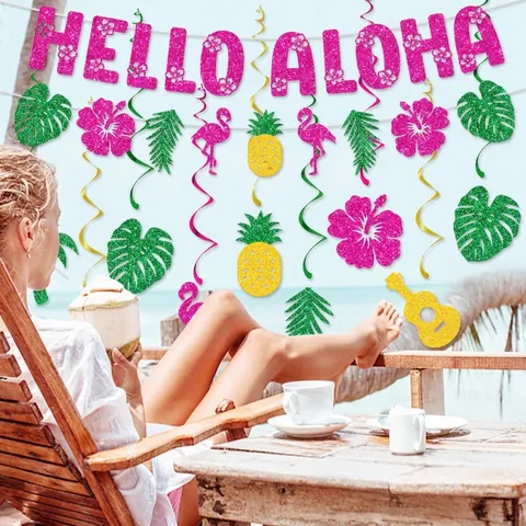 Hawaiiaanse Decoratie Hello Aloha Banner Tropische Slingers Glitter Karton Flamingo Ananas Luau Zomer Strand Verjaardag Hangende Decoratie