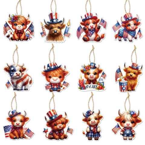 Ornamenti Appesi Mucca Highland Patriottici Cartone Doppia Faccia Con Corda Di Canapa Decorazione Festa Indipendenza