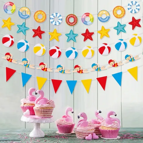Summer Beach Pool Party Banners Paper Hawaiian Theme Garlands Starfish Lifebuoy Swimming Elements Decoration Accessories