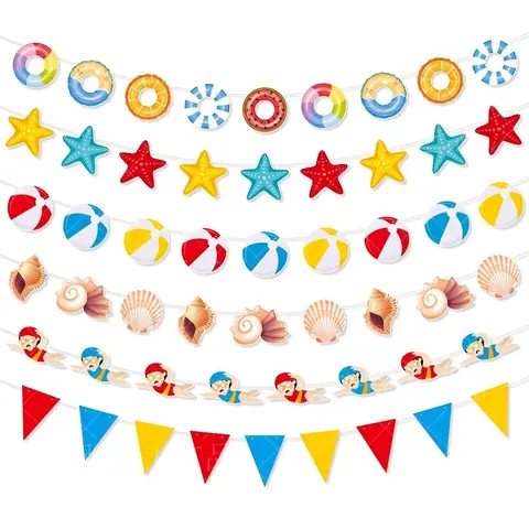 Summer Beach Pool Party Banners Paper Hawaiian Theme Garlands Starfish Lifebuoy Swimming Elements Decoration Accessories