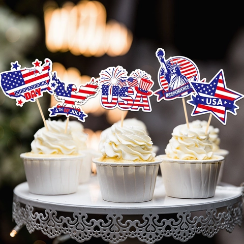Decorazioni Per Cupcake Giorno Dell'Indipendenza Bandiera USA Carta Rosso Bianco Blu Deco Torta Festa Quattro Luglio