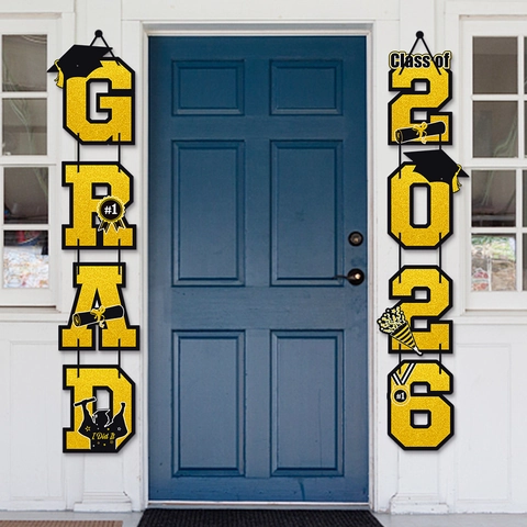 Graduation Door Hanging Banner Class Of 2026 Grad Party Decorations Cardboard Glitter Porch Sign Black Gold Theme