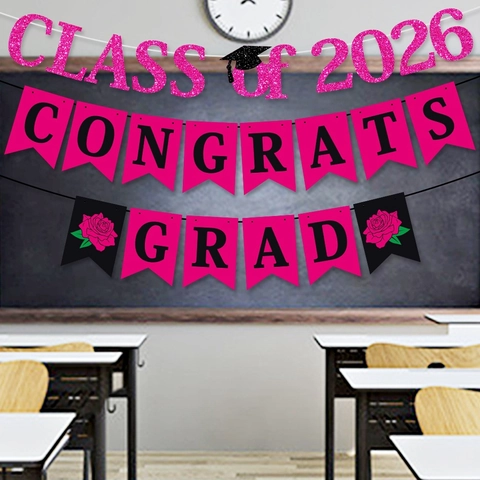 Graduation Banner Congrats Grad Class of 2026 Pink Glitter Paper Bunting For Party Decor Celebration Supplies