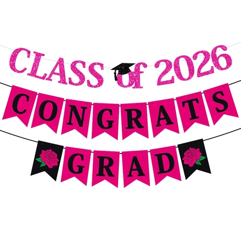 Graduation Banner Congrats Grad Class of 2026 Pink Glitter Paper Bunting For Party Decor Celebration Supplies