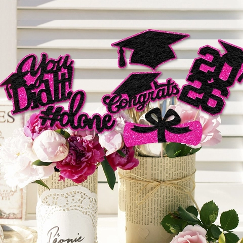 Graduation Vase Centerpiece Sticks Glitter Cardstock Party Decorative Props Congrats Done Hot Pink Black For 2026 Graduates