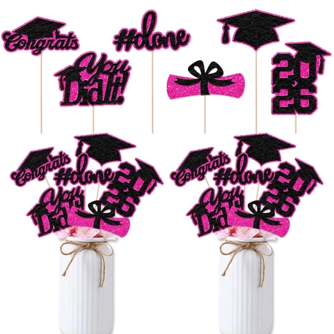 Graduation Vase Centerpiece Sticks Glitter Cardstock Party Decorative Props Congrats Done Hot Pink Black For 2026 Graduates