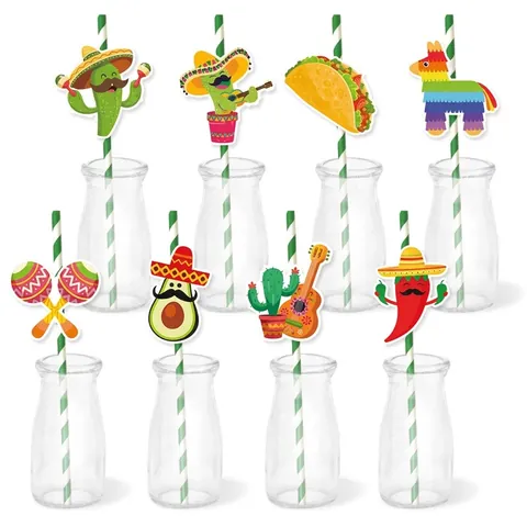 Mexican Fiesta Party Paper Straws With Cartoon Toppers Cactus Taco Piñata Designs Birthday Tableware Drink Decorations