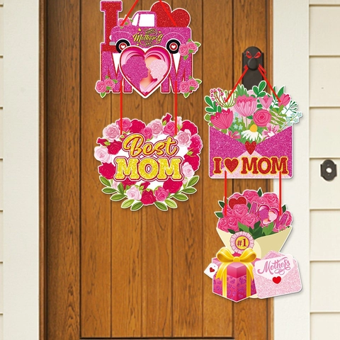 Mother's Day Hanging Decoration Paper Glitter MOM Sign For Door Window Wall Party Decor DIY Supplies With Rope