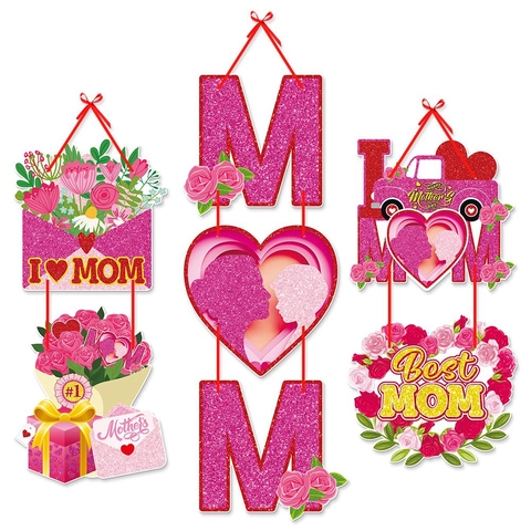 Mother's Day Hanging Decoration Paper Glitter MOM Sign For Door Window Wall Party Decor DIY Supplies With Rope