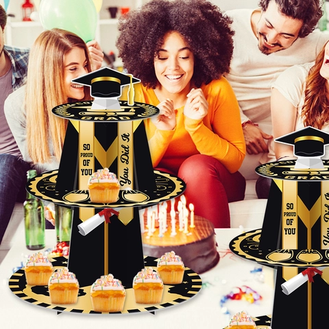 Abschluss Cupcake Ständer Mehrstöckig Papier Dessert Display Turm Abschlussfeier Dekorationen Herzlichen Glückwunsch Gold Schwarz