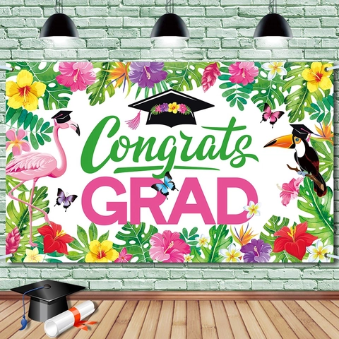 Afstuderen Achtergrond Polyester Tropisch Hawaii Thema Flamingo Bloemen Banner Congrats Grad Party Decoratie