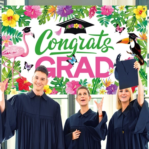 Afstuderen Achtergrond Polyester Tropisch Hawaii Thema Flamingo Bloemen Banner Congrats Grad Party Decoratie