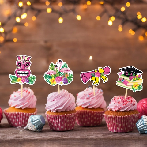 Graduation Cupcake Toppers Paper Wood Sticks Hawaii Tropical Party Cake Decorations Flamingo Pineapple Tiki Diploma Book