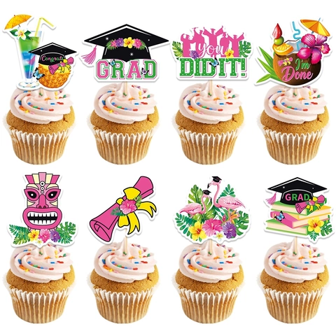 Graduation Cupcake Toppers Paper Wood Sticks Hawaii Tropical Party Cake Decorations Flamingo Pineapple Tiki Diploma Book