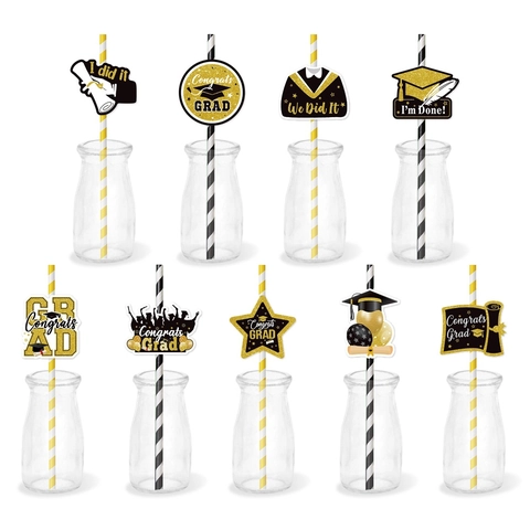 Graduation Theme Straw Decoration Inserts With Paper Straws Doctoral Hat Diploma Glitter For Party Celebrations