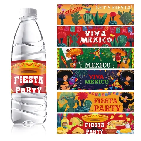 Mexikanische Fiesta Party Wasserflaschen Aufkleber Papieretiketten Für Mexikanische Feiertage Getränkedekor Buntes Kaktus Sombrero Design