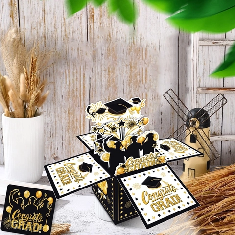 Scatola Biglietto Laurea Pop Up 3D Congratulazioni Grad Biglietto Regalo Esplosione Con Busta Cartoncino Nero Oro Decoro