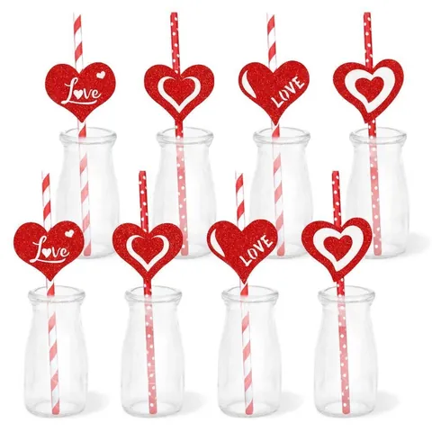 Glitter Heart Paper Straws Valentine's Day Wedding Party Decoration Red White Striped Polka Dot Love Straw Toppers Set