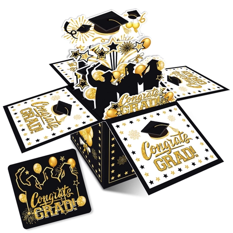 Scatola Biglietto Laurea Pop Up 3D Congratulazioni Grad Biglietto Regalo Esplosione Con Busta Cartoncino Nero Oro Decoro