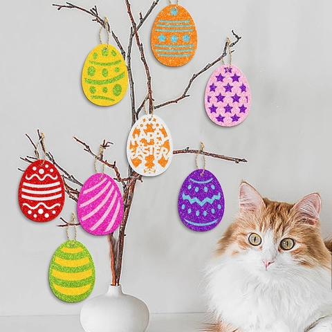 Decorazioni Appese a Uovo di Pasqua in Carta Luccicante Intagliata Happy Easter per Festa Festiva Motivi a Strisce Puntini Stelle