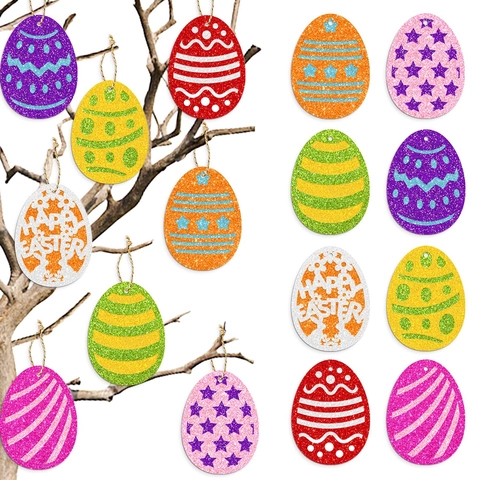 Decorazioni Appese a Uovo di Pasqua in Carta Luccicante Intagliata Happy Easter per Festa Festiva Motivi a Strisce Puntini Stelle
