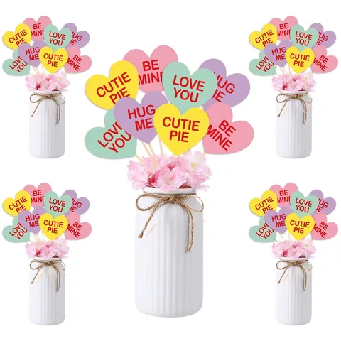 Hartvormige Decoratieprikkers Van Karton En Hout Romantische Pastelkleuren Valentijnsdag Feest Bruiloft Boeket Toppers