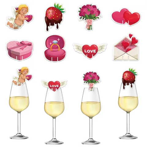 Cartes Verre À Vin Saint Valentin Papier Coeur Romantique Cupidon Bouquet Roses Mariage Fête Décoration Table