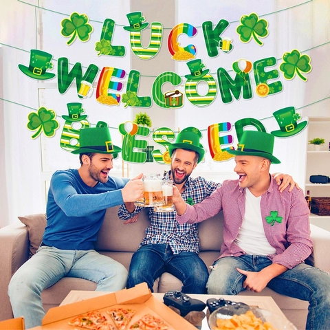 Banner St Patricks Day Ghirlande Carta Luck Welcome Blessed Decorazione Festa Festival Irlandese Trifoglio Cappello