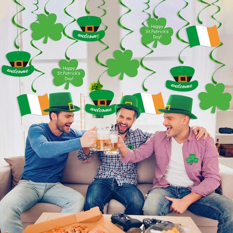 St Patricks Day Hanging Swirl Decorations Shamrock Clover Irish Flag Leprechaun Hat Ceiling Streamers For Party Ornament