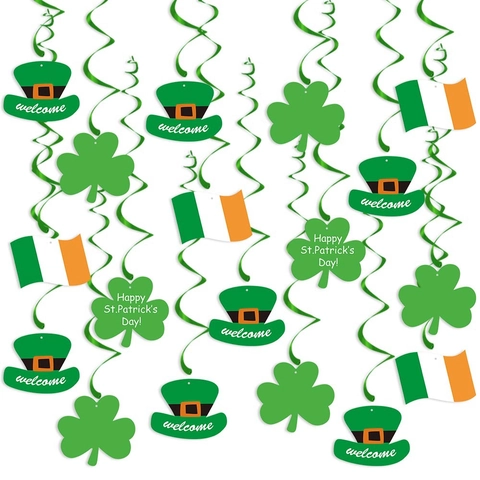 St Patricks Day Hanging Swirl Decorations Shamrock Clover Irish Flag Leprechaun Hat Ceiling Streamers For Party Ornament