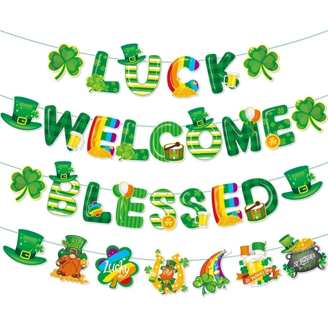 Banner St Patricks Day Ghirlande Carta Luck Welcome Blessed Decorazione Festa Festival Irlandese Trifoglio Cappello