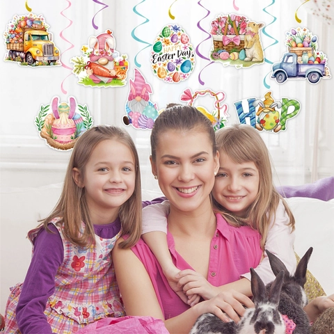 Pasen Hangende Spiraal Decoraties Papier Karton Konijn Ei Kabouter Vrachtwagen Patroon Feest Sfeer Ornament Schattig