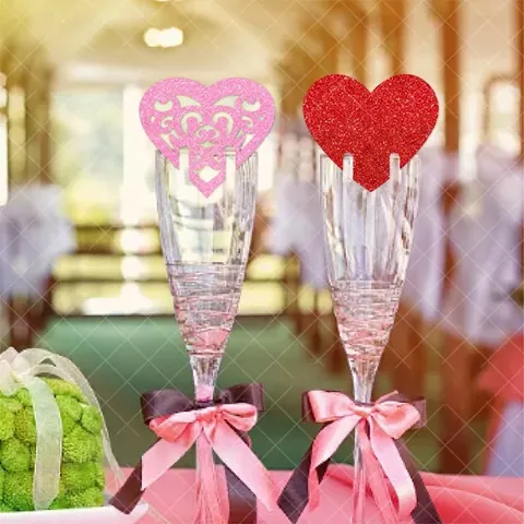 Glitter Paper Heart Wine Glass Cup Cards Decoration Hollow Out Love Design For Valentine's Day Wedding Party Pink Red