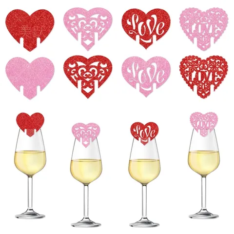 Glitter Paper Heart Wine Glass Cup Cards Decoration Hollow Out Love Design For Valentine's Day Wedding Party Pink Red