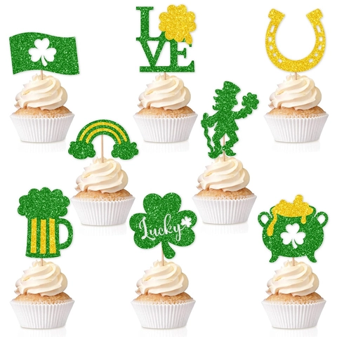 St Patricks Day Cupcake Toppers Glitter Green Shamrock Rainbow Leprechaun Lucky Cake Decor Irish Holiday Party Supplies