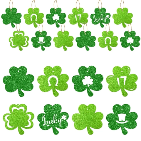 St. Patricks Day Kleeblatt Hängedekorationen Grünes Glitzerpapier Lucky Irische Party Ornamente Mit Hanfseil