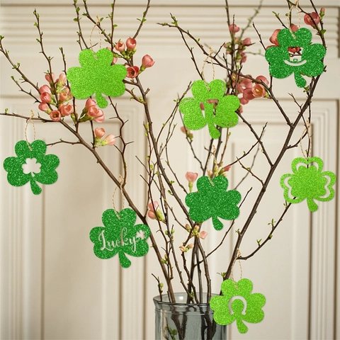 St. Patricks Day Kleeblatt Hängedekorationen Grünes Glitzerpapier Lucky Irische Party Ornamente Mit Hanfseil